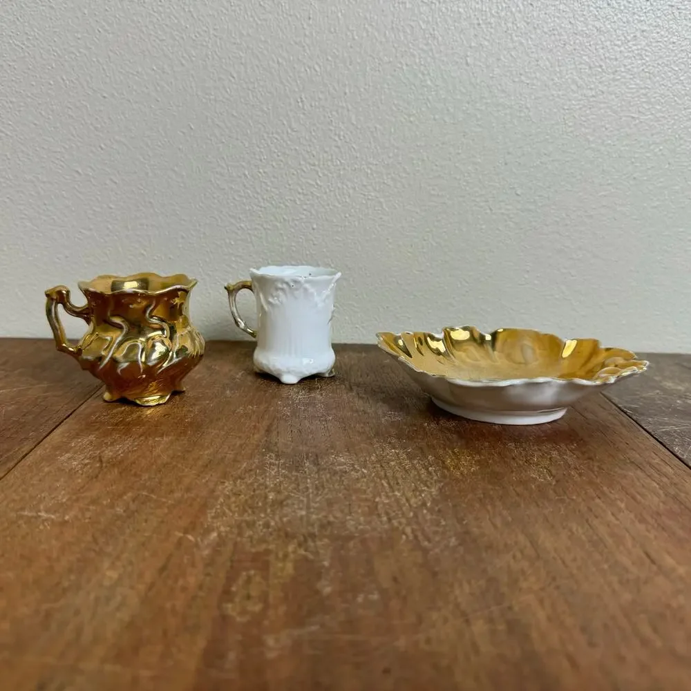 Vintage Porcelain‎ Gold 2 Tea cup & saucer Set MINI Children's or demitasse